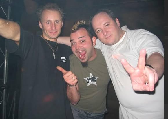 Old photograph of Jason Midro with two friends at a club night