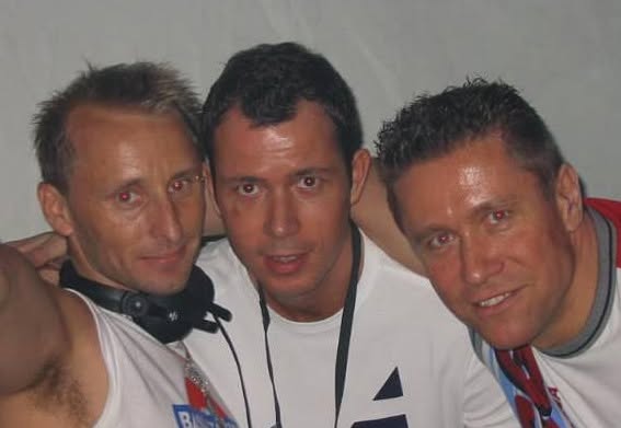 Old photograph of Jason Midro with two friends, close up